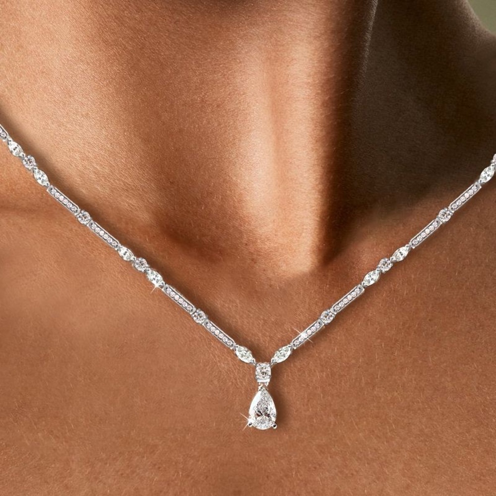 Pear & Marquise Cut White Sapphire Pendant Necklace 925 Sterling Silver - Picture 1 of 7